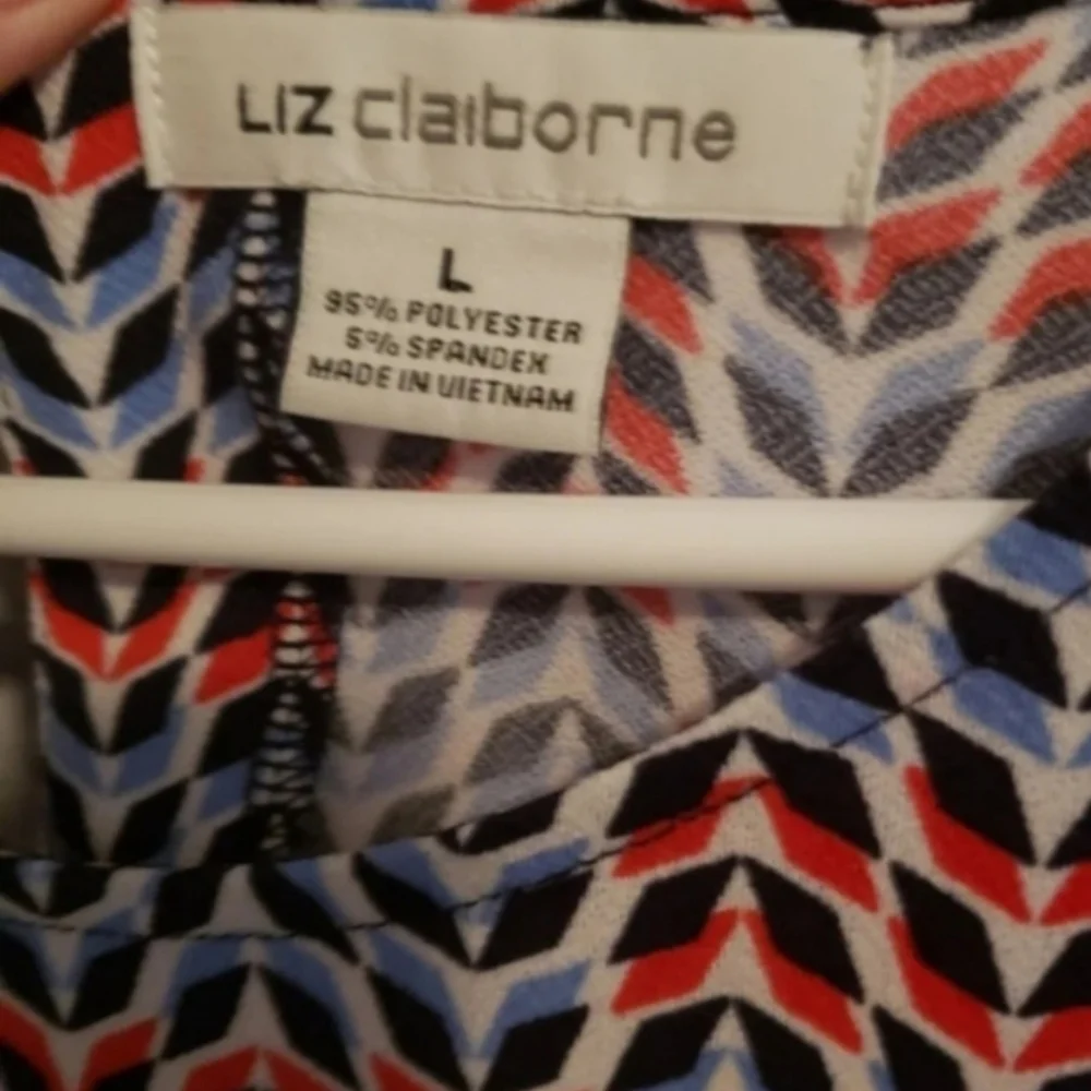 Liz Claiborne Womens Short Sleeve Top Size Large Red Blue Abstract Print Stretch - Picture 3 of 3